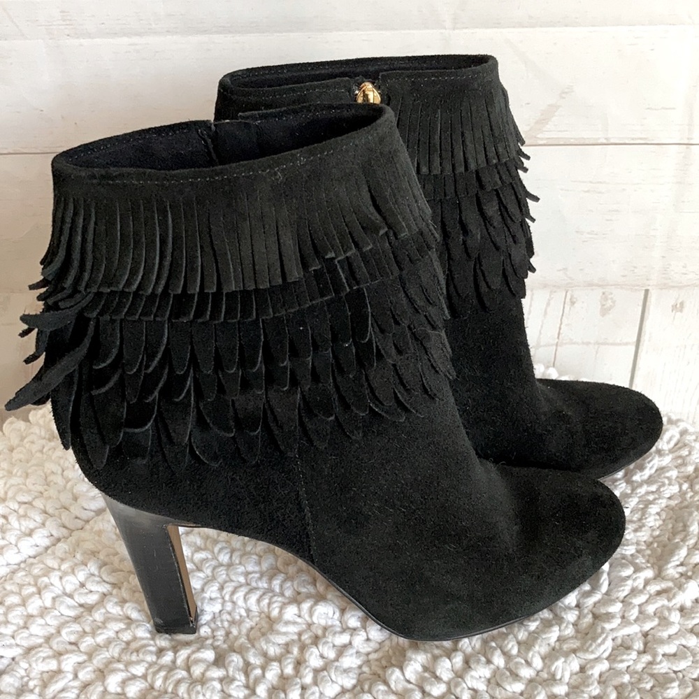 Isola Sz 10M Black Suede Fringe Ankle Boots Heels